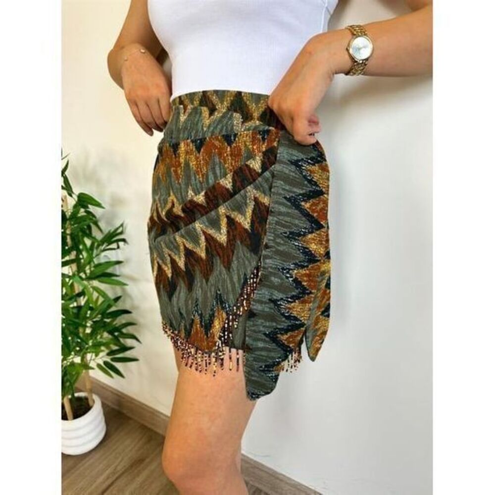 Micas Geometric Tassel Sarong Green Printed Skirt With Beads Sizeβ L